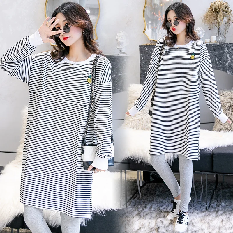Sweet Striped Sweatshirt Skirt Women Mom Pregnancy Maternity O-neck Loose Dress Clothes Spring Dresses Pregnants Clothes Lady