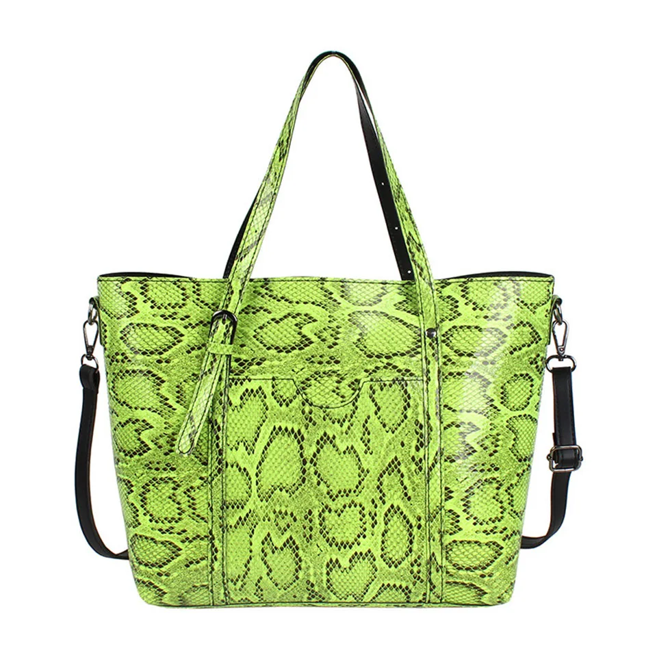 Женская сумка тоут неоновый зеленый Змеиный узор большие сумки большая