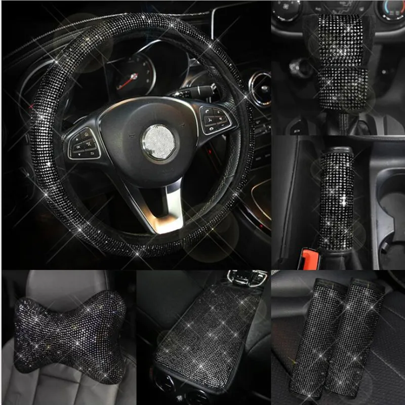 

2021 New Black Rhinestones Car Steering Wheel Cover Seat Belt Shoulder Pad Headrest Pillow Handbrake Cover Gear Shift Cover