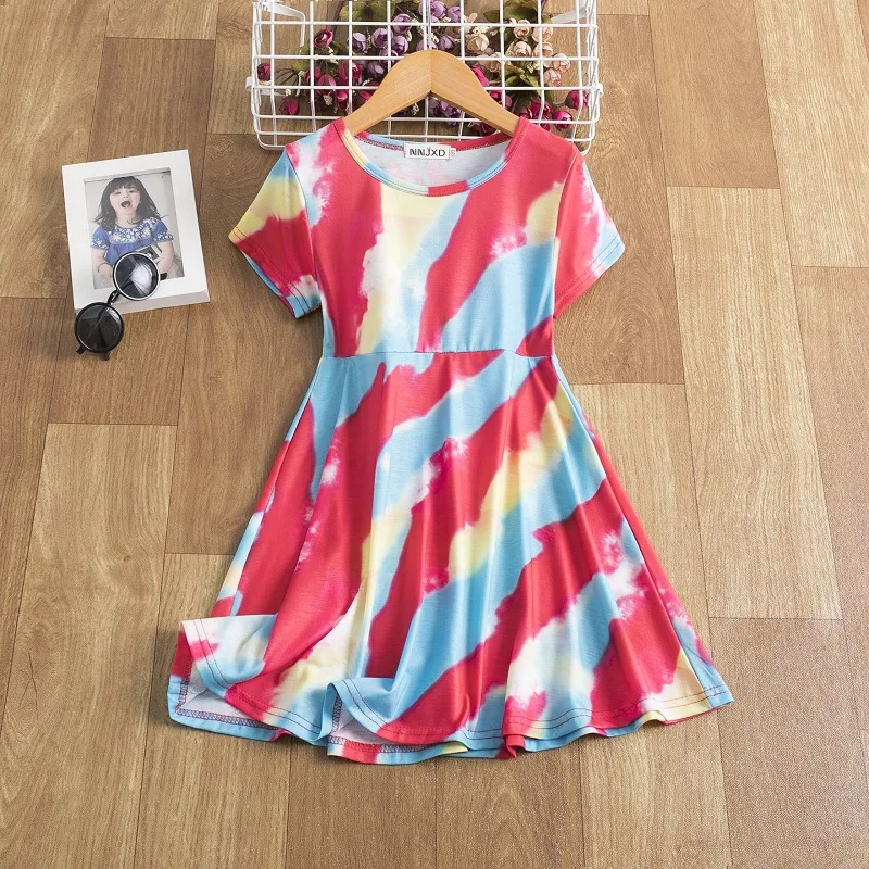 

2021 Kids Dress Summer Tie-dye Striped Princess Dress Girls European and American Round Neck Short-sleeved Skirt Beach