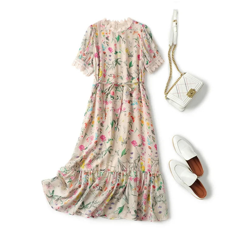 

Женское платье с поясом-кушаком, Пляжное Платье из шелка тутового шелкопряда с запахом, лето 100%