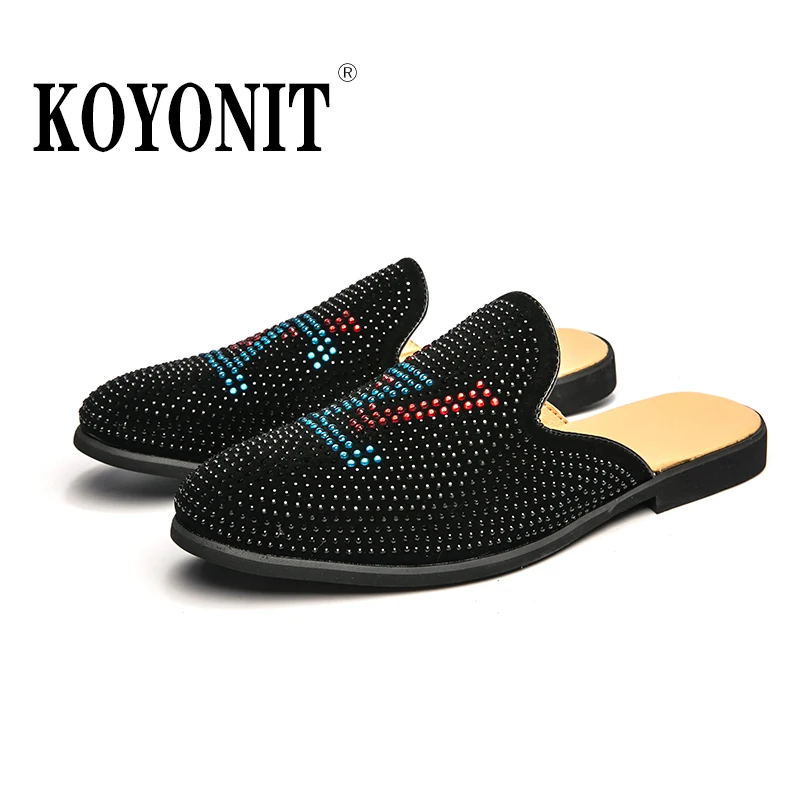 

Luxury Diamond Men Slipper Mules For Man Brand Loafers Mens Leather Shoes Retro Flat Heel Party Slippers Slip On Chaussure Homme