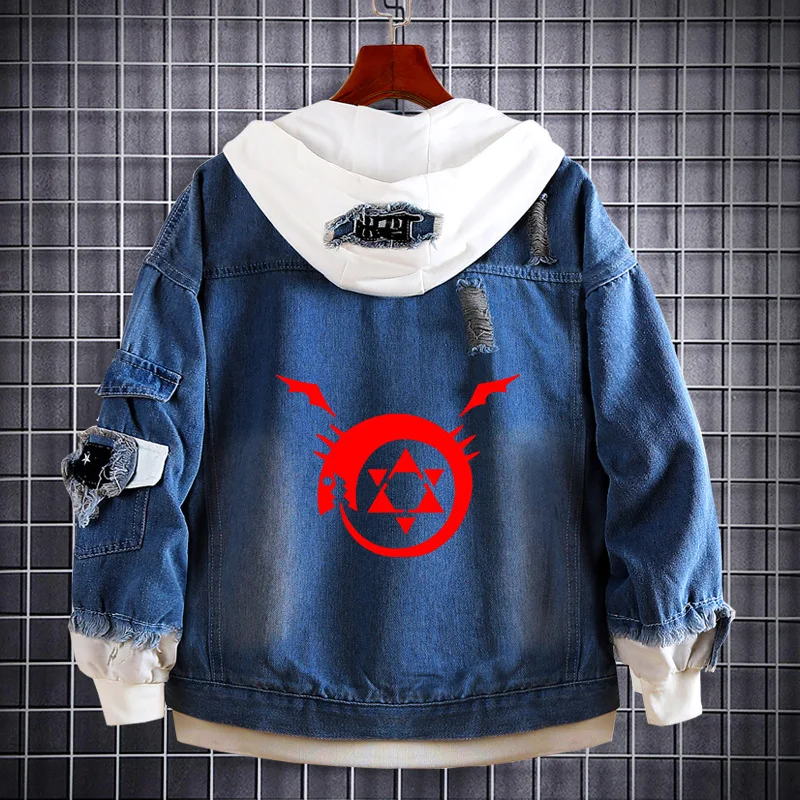 

Anime Fullmetal Alchemist Costume Jean Jacket Edward Elric Cosplay Denim Adult Autumn Spring Hooded Outwear Coat