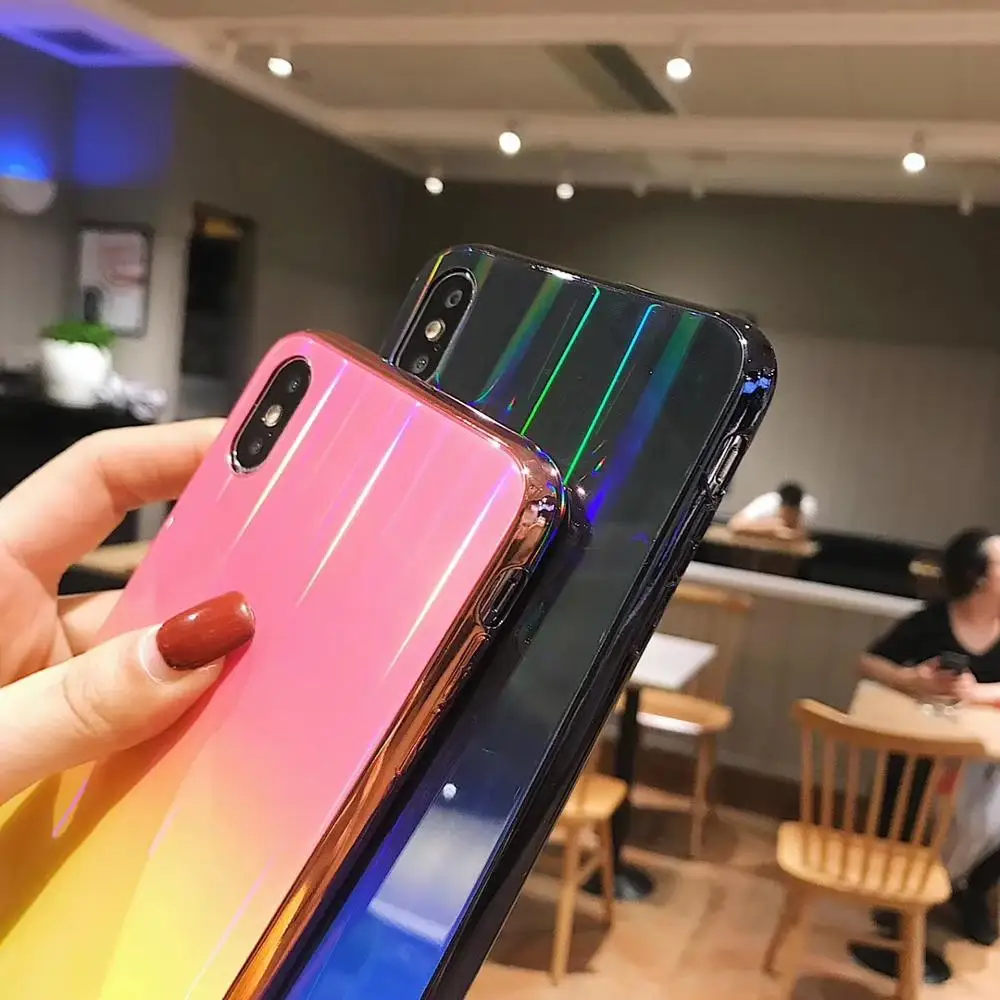 Gradient Rainbow Laser Holographic Shimmer Case for iPhone X XS Max XR Hard Glass Cover 8 7 6S Plus Light reflections Hull |