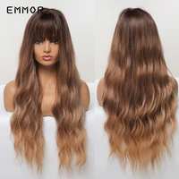 emmor synthetic ombre brown blonde hair wig with bangs natural long wavy wig for white women cosplay heat resistant fiber wigs