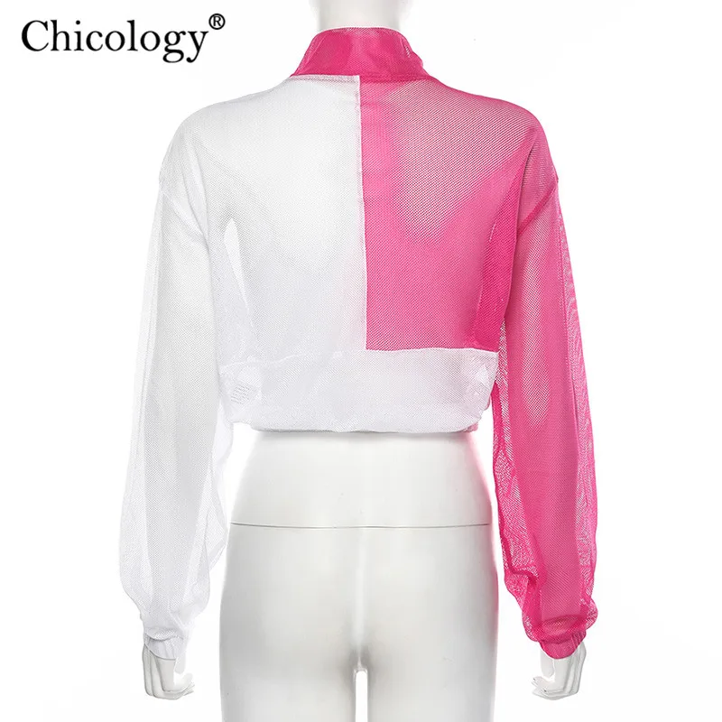 Chicology mesh patchwork zipper long sleeve casual crop top t shirt 2019 summer autumn women streetwear T-shirt female clothes | Женская