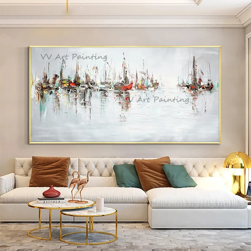 Современная Абстрактная масляная живопись ручной работы с кораблем Картина на