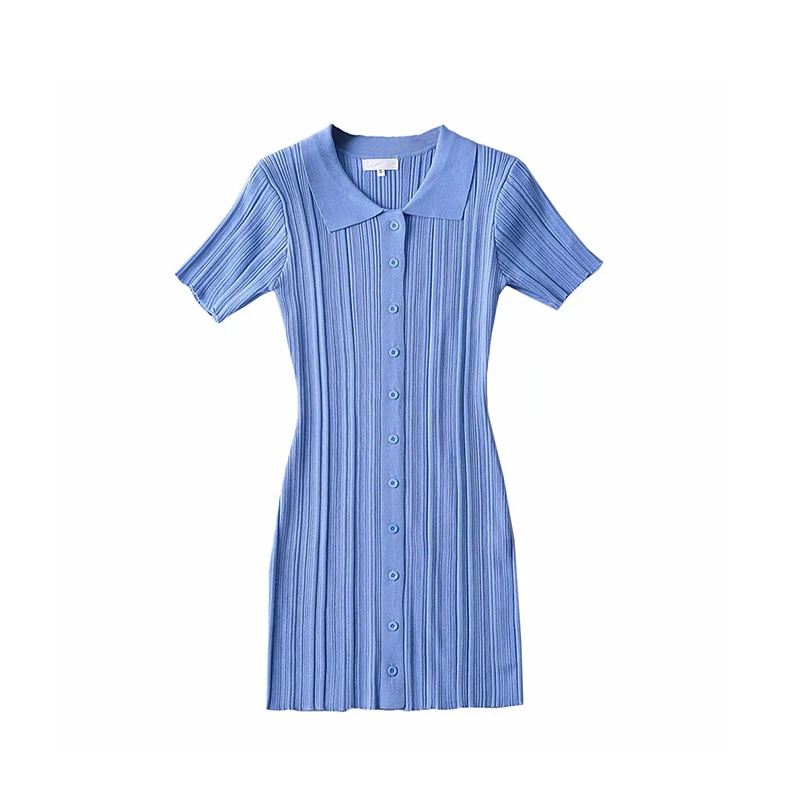 

WOMENGAGA Polo Neck Short Sleeve Knitting Screw Thread Package Hip Dress Solid Color Tight Elasticity Mini Dresses Women 6V2B