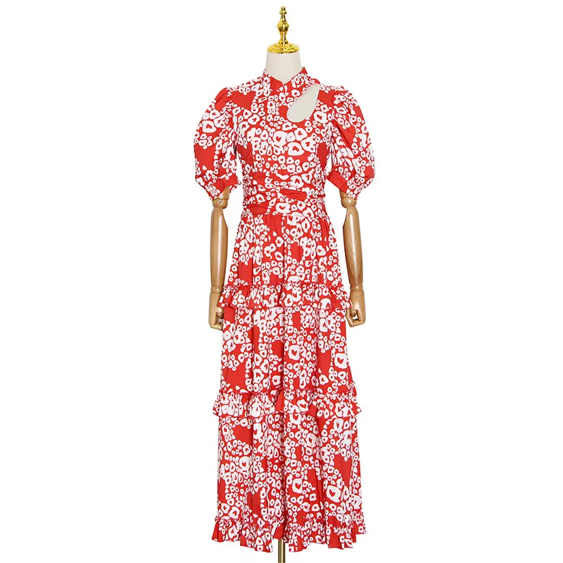 

Chao brand summer new fashion socialite neckline irregular short sleeve love printed cake dress