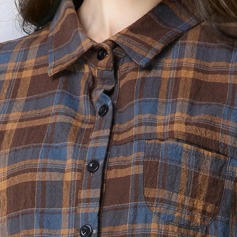 New Arrival Spring Autumn Women Long Sleeve Loose Shirt Plus Size Casual Plaid Turn-down Collar Blouse Cotton Ladies Tops S569 | Женская