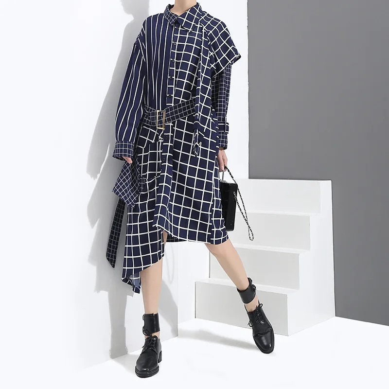 

Женское асимметричное платье-рубашка в полоску, длинное платье в уличном стиле с длинным рукавом и отложным воротником, до колена, осень 2020