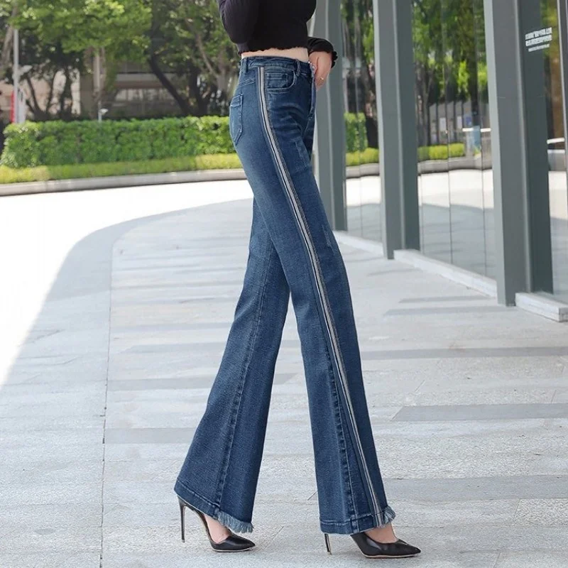 Ladies Office High Waisted Pants Casual Skinny Flared Jeans Vintage Tassel Striped High Street Trousers Sexy Push Up Women Pants