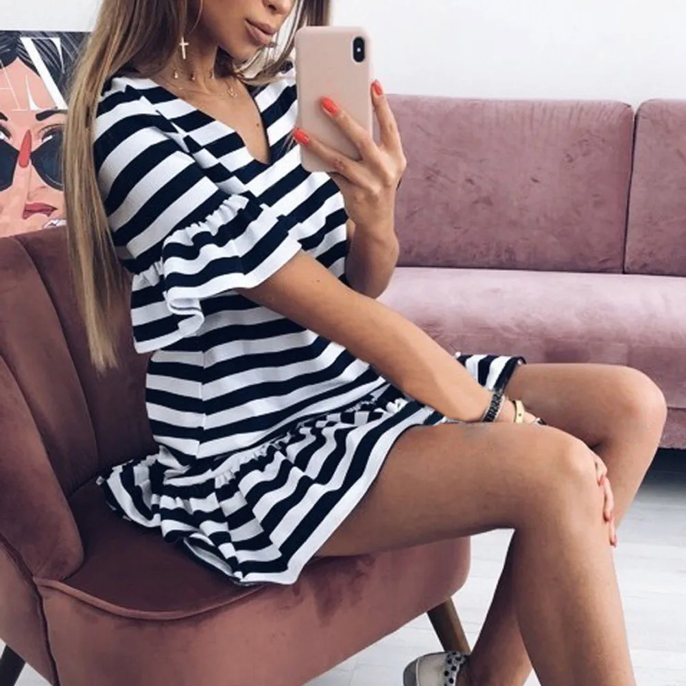 Красное платье в полоску с оборками женское сексуальное шифоновое повседневное