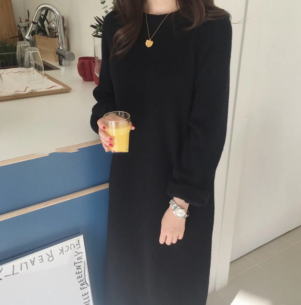 

Winter Female Korean Style Chic Solid Color Loose Round Neck Long Simple Thick Knitted Sweater Dress