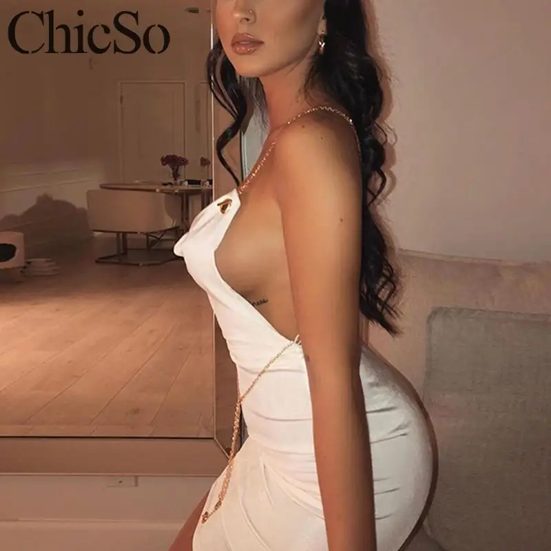 MissyChilli сатиновое элегантное белое платье с открытой спиной для женщин цепочкой