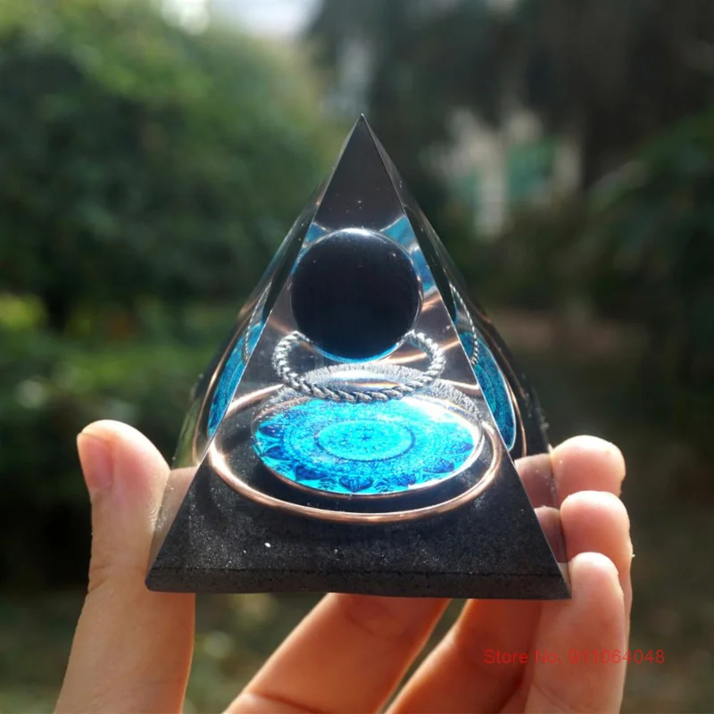 Pyramid Obsidian Crystal Ball With Energy Copper Ring Egyptian Decor Feng Shui Goods Meditation Spiritual Office Desk Decoration