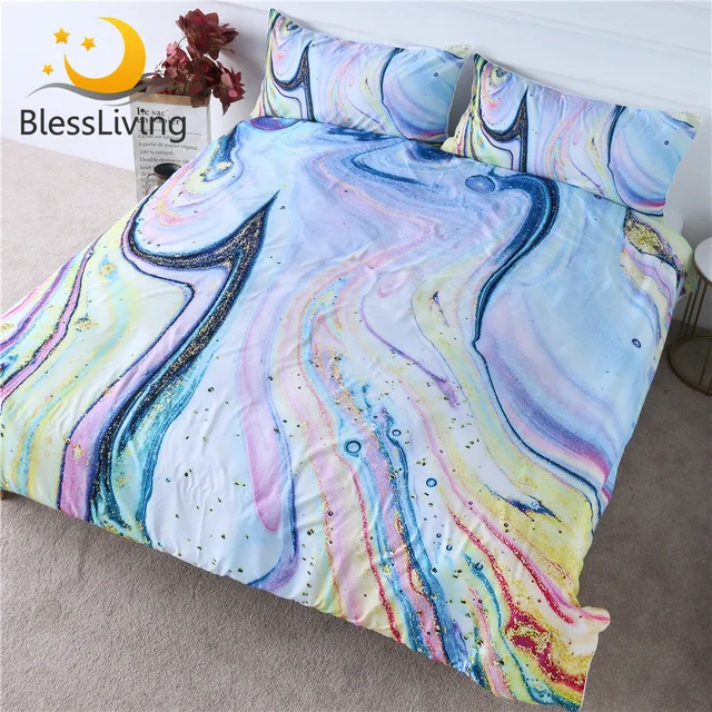 BlessLiving Marble Bedding Set Rainbow Duvet Cover Set Rock Trendy Bed Cover Nature Inspired Colorful Gold Bedspreads King 3pcs 1