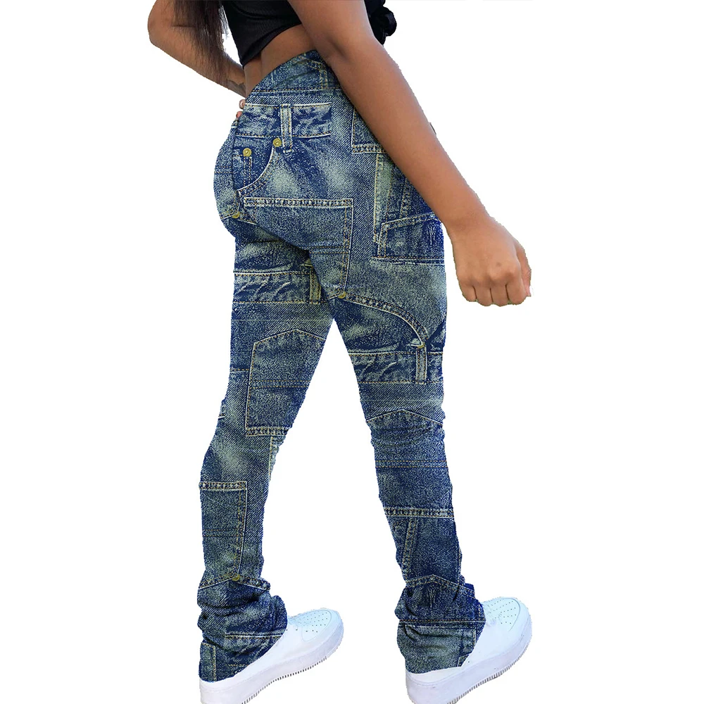 

Plus Size Womens High Waist Stretch Pants Casual Imitation Denim Drawstring Legging Trousers Stars Printed Ladies Sweatpants