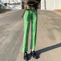 heyoungirl casual printed green vintage pants women elegant high waist trousers ladies straight skinny joggers streetwear