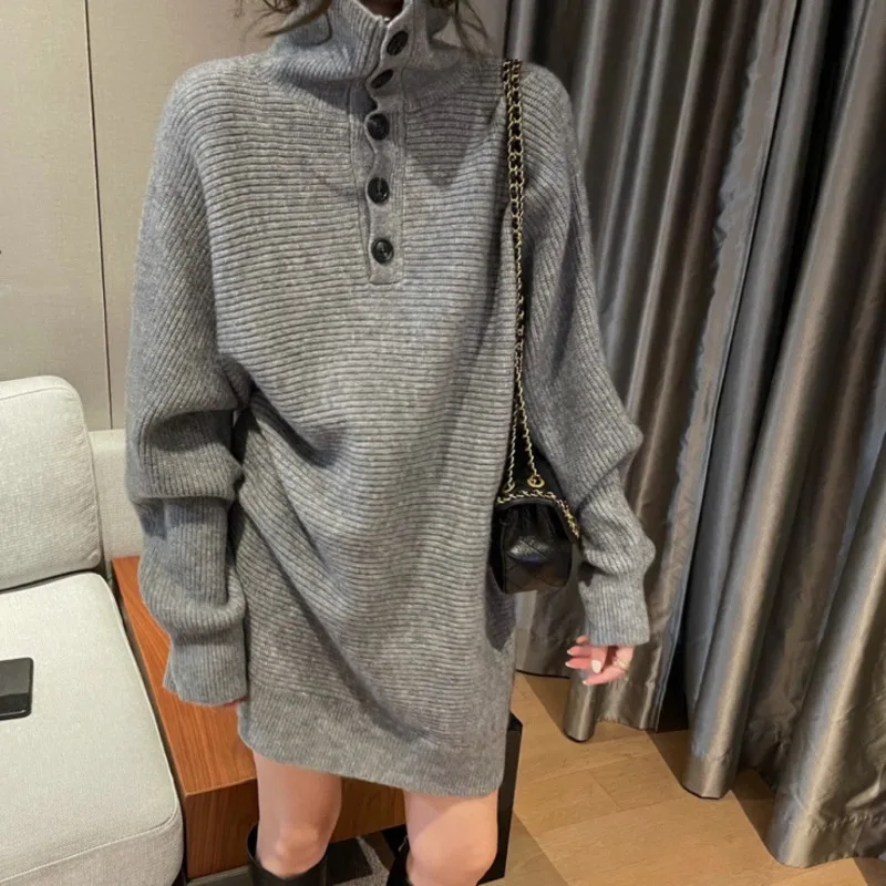 

Новинка Зима 2021, вязаное платье для женщин, свободный Однотонный свитер с высоким воротником и длинным рукавом, Женская мода X950