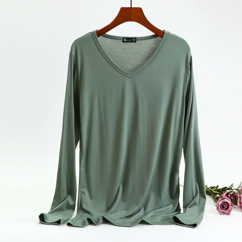 Pea Green Женская футболка с v-образным вырезом и длинным рукавом из модала, хлопковая футболка, однотонная Базовая футболка, весна-осень, Женские повседневные топы, ropa mujer - Цвет: Pea Green