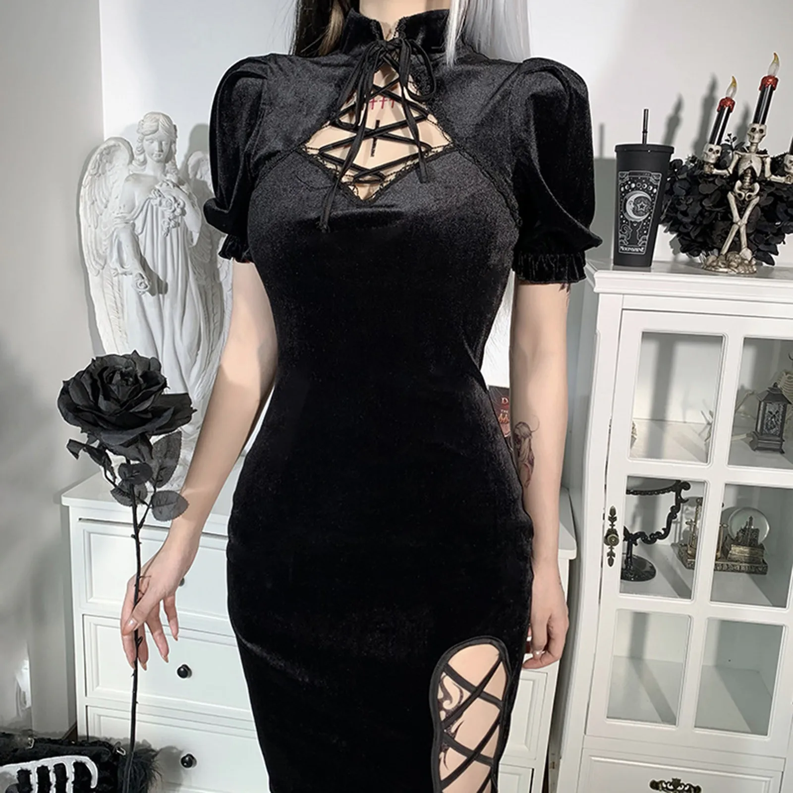 

Sexy Ladies Black Dress Fashion Gothic Dark Black Pure Color Hollow Tie Stand Collar Puff Sleeve Half Split Cheongsam Dress