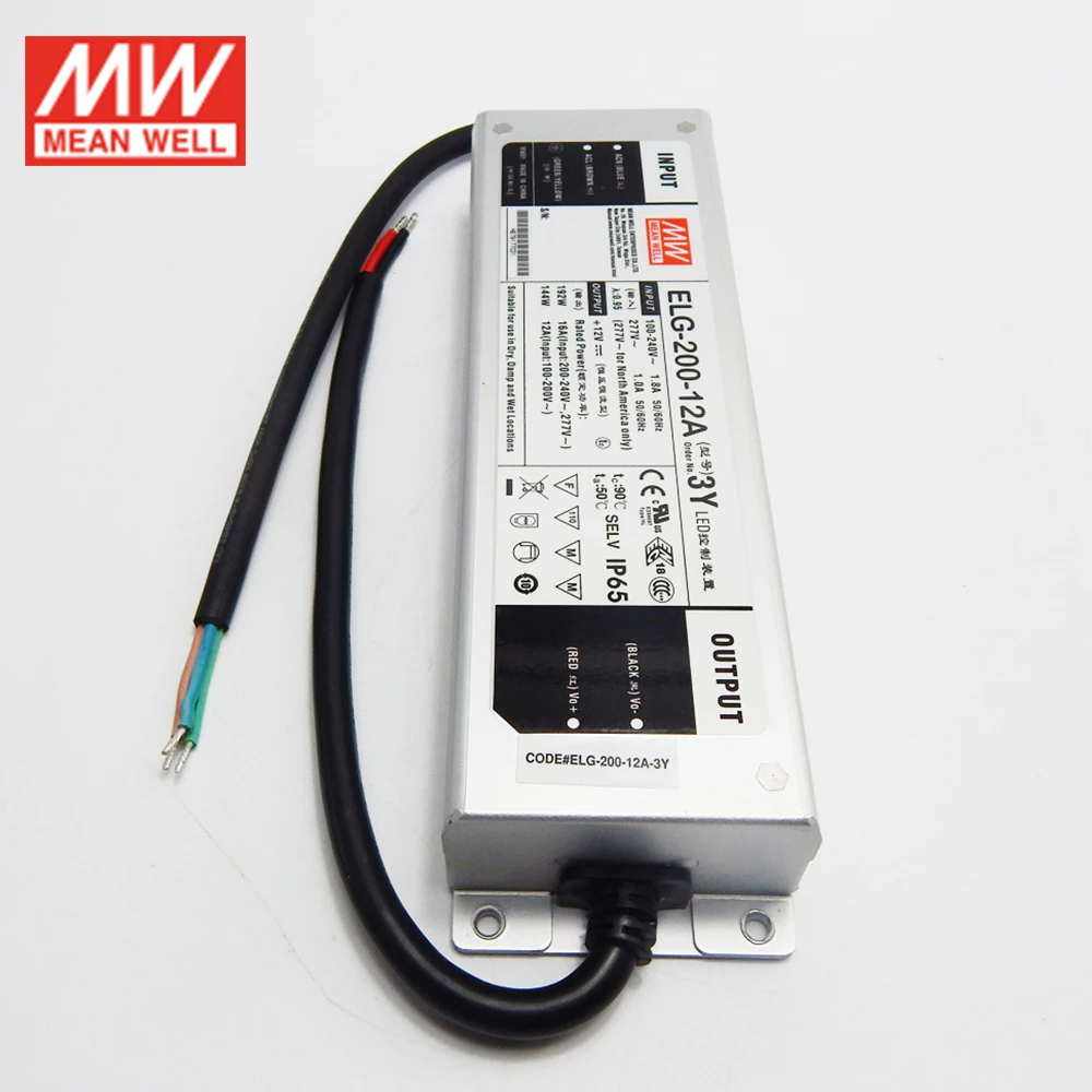 Бренд MEAN WELL представляет ELG-200-12A-3Y 192W 16A 12V регулируемый светодиодный Питание 110 V/220 V переменного тока в постоянный, работающего на постоянном токе 12 В в 16A водонепроницаемый IP65 meanwell led привод