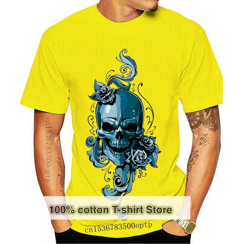 

Новая мужская белая футболка с принтом черепа Arty в синем цвете с розами, забавный дизайн, футболка