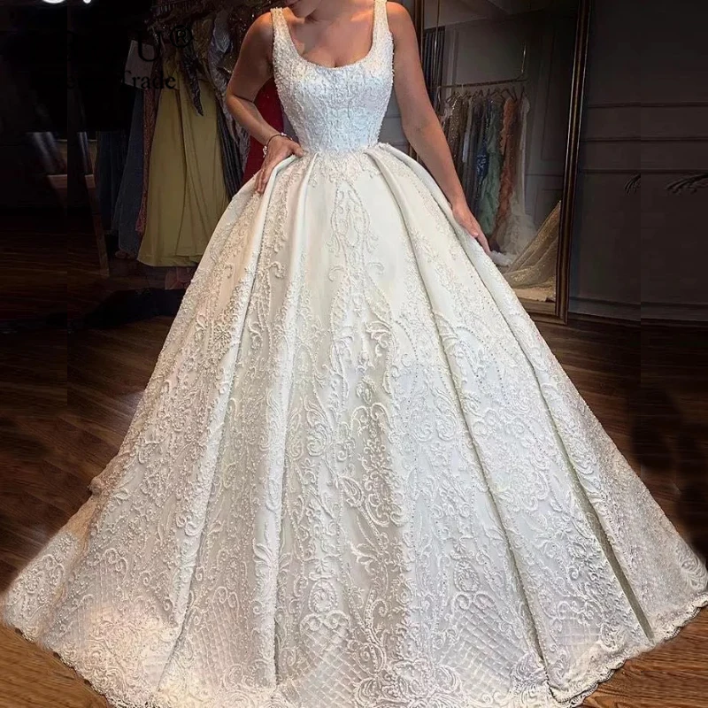 

Великолепное бальное платье с жемчугом и бусинами, свадебное платье 2020, изысканное роскошное свадебное платье с кружевной аппликацией, атл...