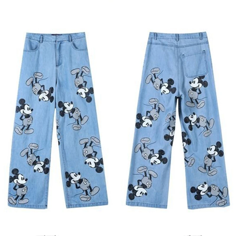 

Hot Disney fashion Mickey Mouse cartoon print light spring and summer women loose high waist straight wide leg casual jeans