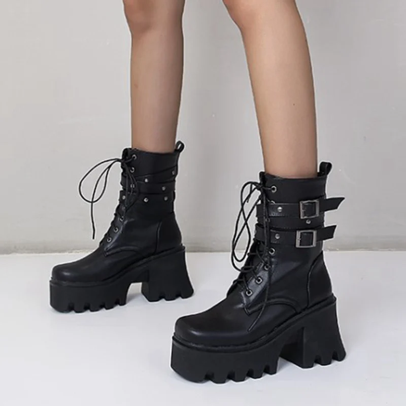 

CoolCept New Winter Women Shoes Ankle Boots Platform Chunky High Heels Buckle Rivets Gothic Punk Female Footwear Size 35-43