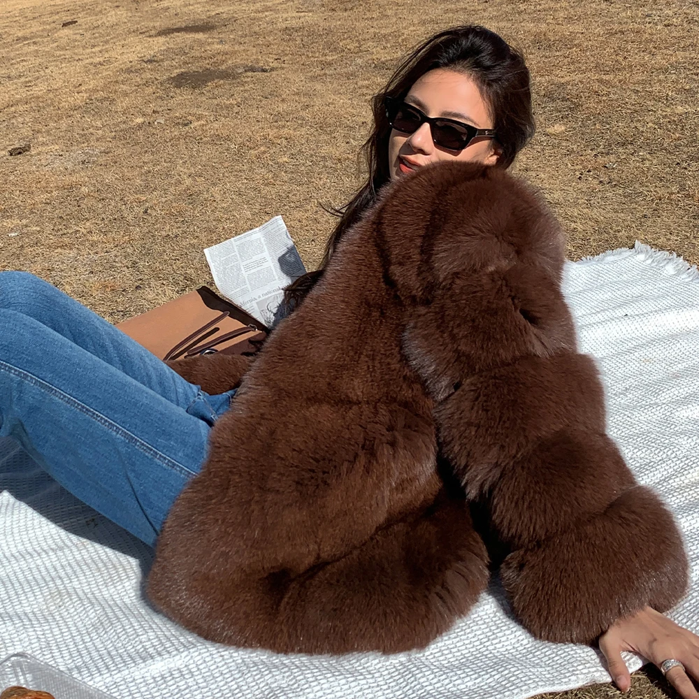 Natural Fox Fur Jacket for Women Winter Outwear 2022 New Trendy Thick Medium Length V-neck Whole Skin Genuine Fox Fur Coat Woman