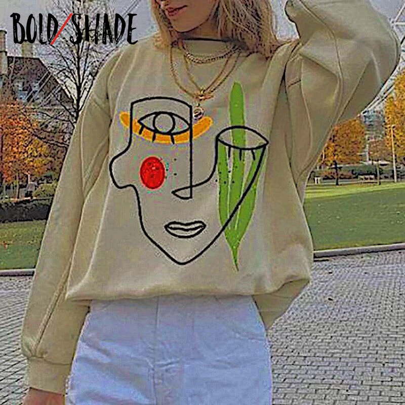 

Bold Shade Streetwear Fashion Y2K Sweatshirt Printed Pattern Crewneck Indie Loose Beige Hoodies Grunge 90s Women Sweatshirts New