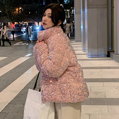 

2021 NEW Women Broadcast Thicken Sequined Down Jacket Ladies Short Cotton-padded Harajuku Cotton-padded Coat Oversize Parkas