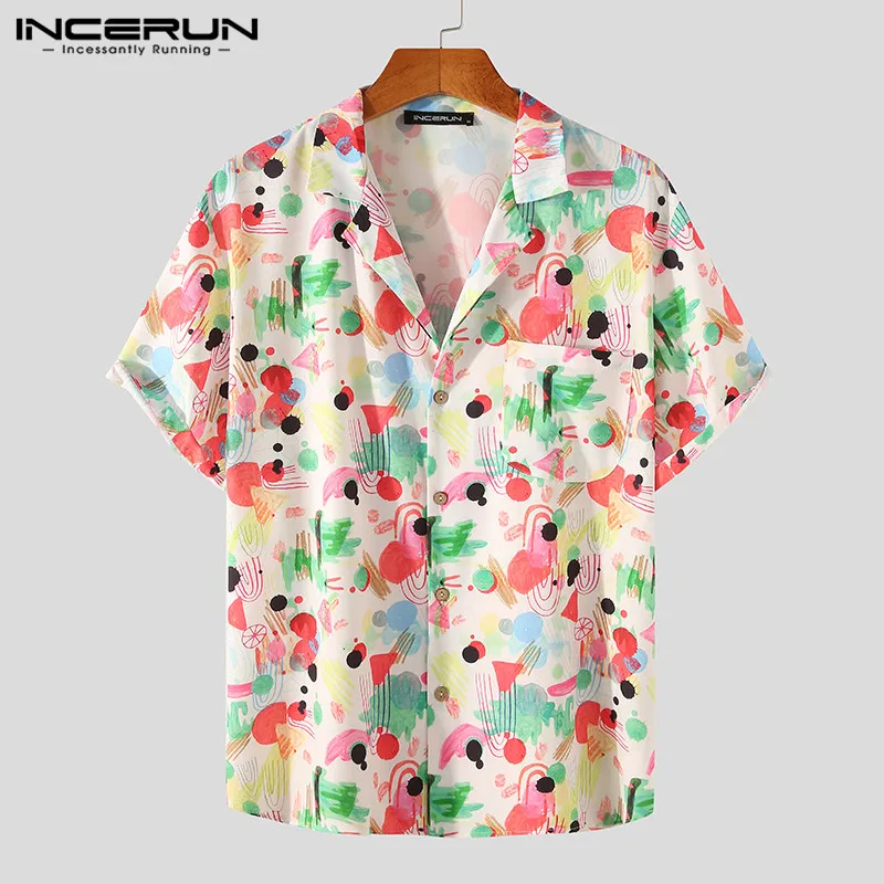 

Рубашка INCERUN мужская с принтом, гавайская пляжная майка с короткими рукавами, с лацканами, Повседневная дышащая с карманами, 5XL, лето 2021