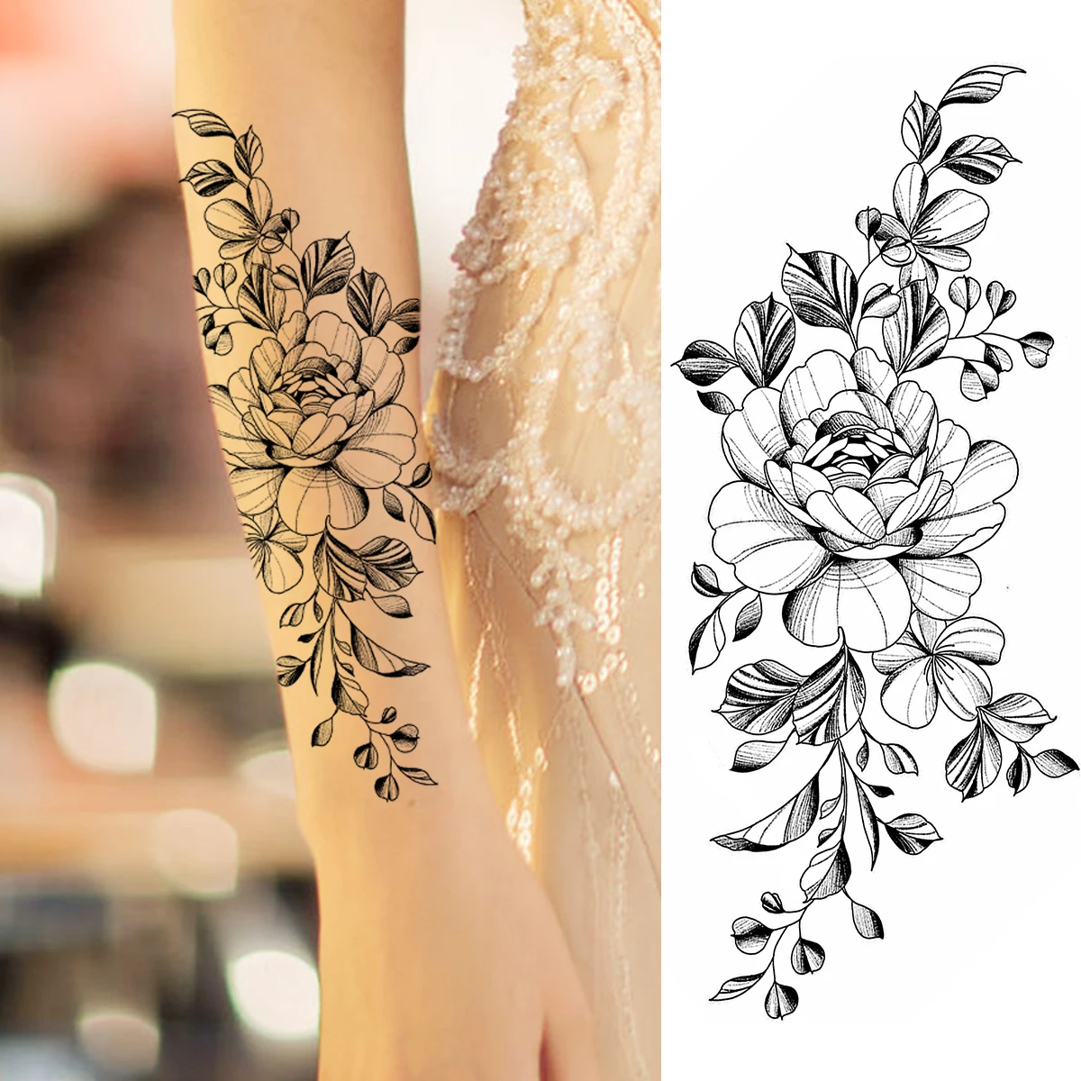 Временные татуировки с черными пионами для женщин Роза взрослых и девушек