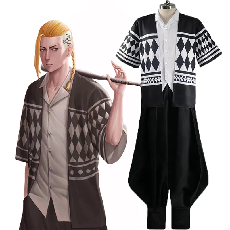 

Anime Tokyo Revengers Cosplay Costumes Ryuguji Ken Adult Men Black And White Pattern Cloak Cardigan Lining pants Japanese Kimono