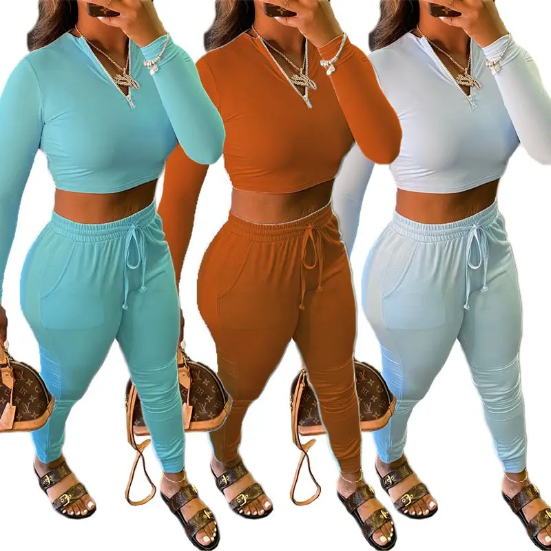 

ZKYZWX Lounge Wear Fall Winter Solid V-neck Zip Full Sleeve Two Piece Set for Women Sweatsuit Sexy Joggers Fitness Matching Sets