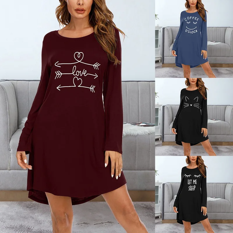 2022 Women Letter Nightgowns Sleepshirts Sleepwear Casual Loose Sleep Shirt Printed Night Dress Long Sleeve Nightwear | Женская одежда