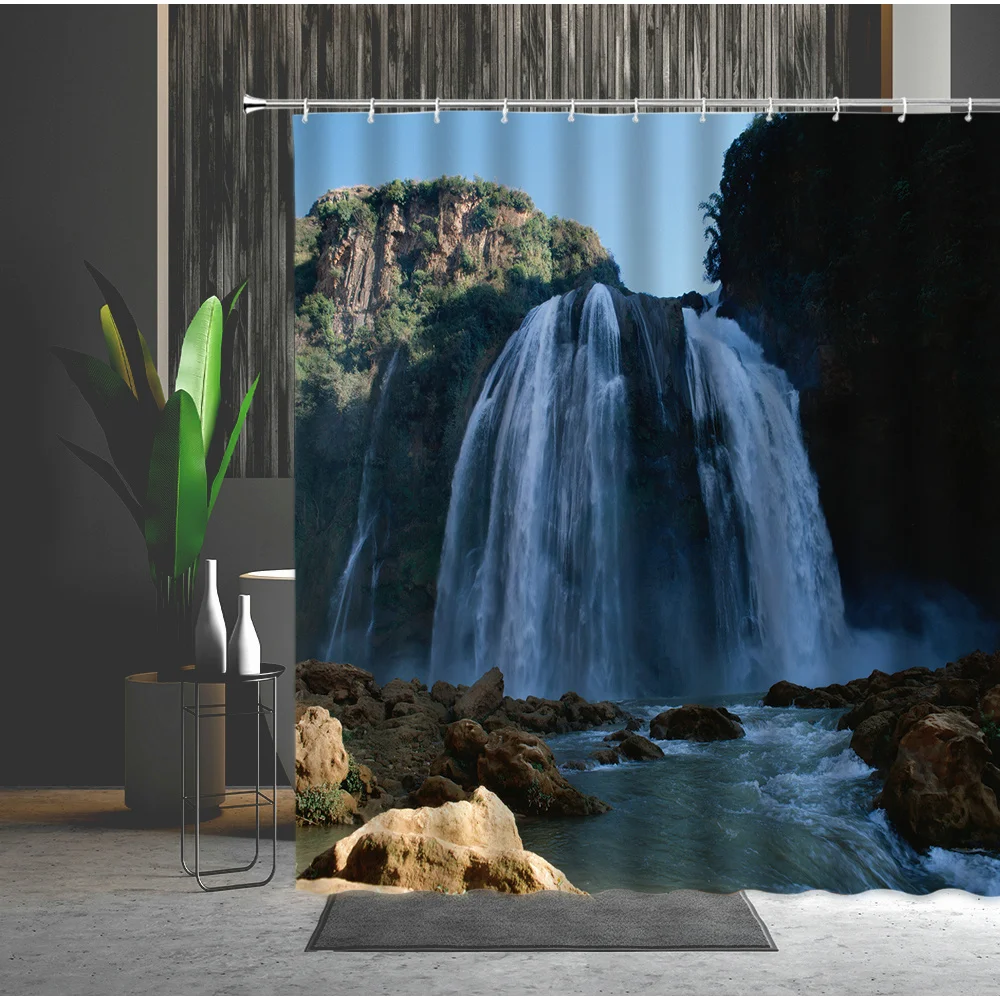 Природные пейзажи Душ Шторы &quotВодопад&quot зеленый лес весенний пейзаж Ванная