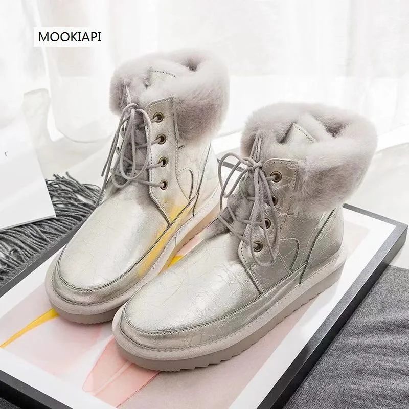 2019 Chinese brand women's shoes real leather 100% natural wool high quality lace up snow boots free delivery | Обувь