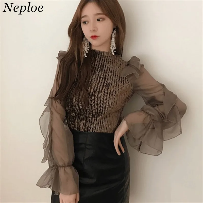 Neploe Корейская велюровая сетчатая женская блузка пэчворк модные элегантные