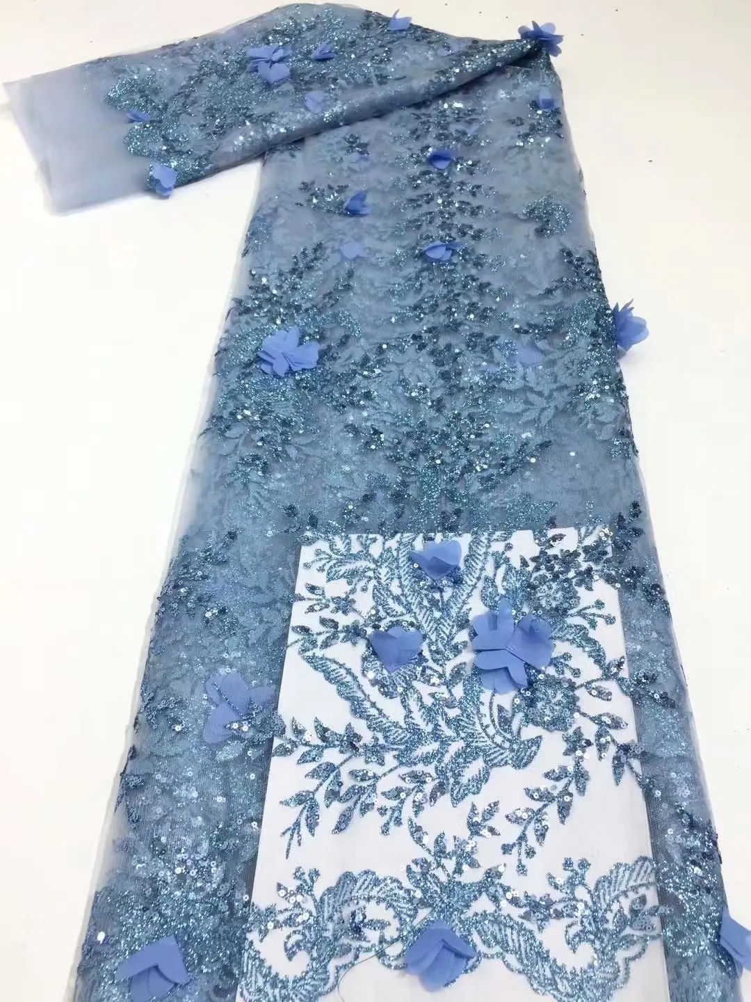 

African French 3D Tulle Lace Fabric 2021 High Quality Lace With Sequins Nigerian Lace Fabrics For Wedding Dress Sewing