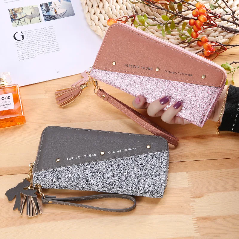 

Новинка, женский кошелек, Длинные кошельки на молнии с блестками и надписью, женская сумка-клатч из искусственной кожи с кисточками и заклепками