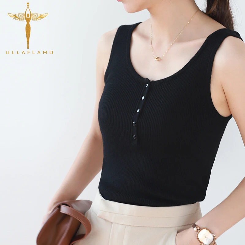

Round Neck Womens Knitting Tank Top Clothes Casual Button Solid Sleeveless Female Tops Autumn Comfortable Ribbed Slim Tops Vest