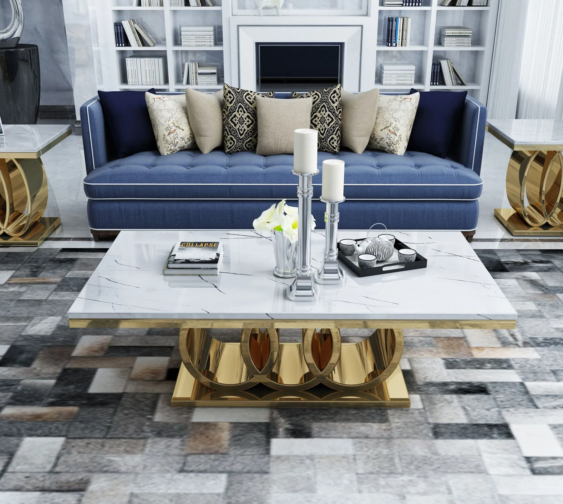 

Glass marble gilded rock panel coffee table American home banquet custom furniture