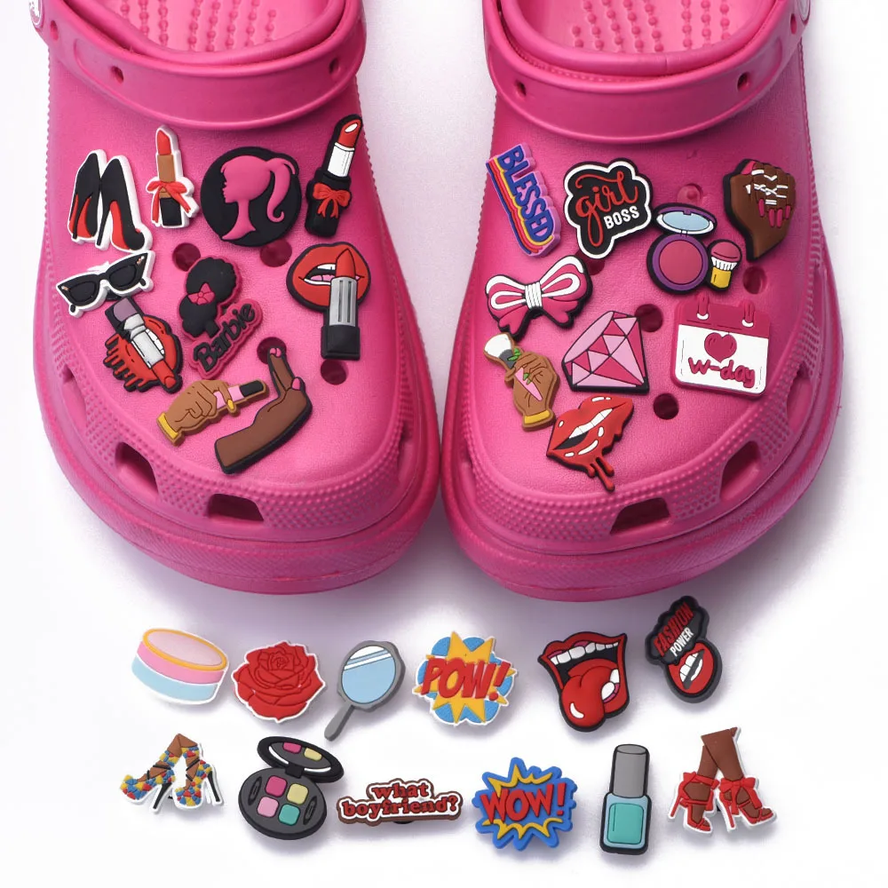 1 Pcs 2021 New Designer Women Croc Shoes Charms Girl Power Accessories Beauty Lipstick Queen Clog Shoes Make Up Pink Decoration