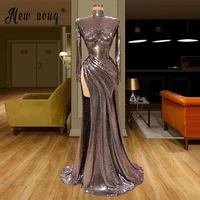 luxury soft high neck long sleeve prom gown 2021 custom made plus size long evening dresses with high split side mermaid robes