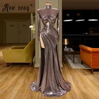 Женское вечернее платье-русалка, мягкое длинное платье с высоким воротом, длинным рукавом, на заказ, с разрезом сбоку, 2021