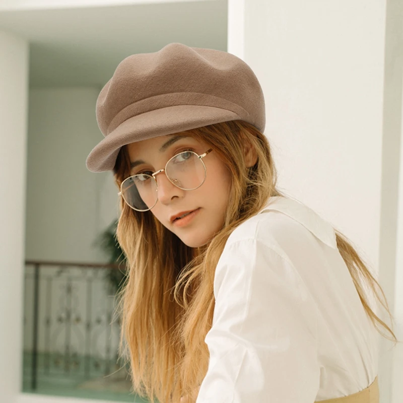 GEMVIE осенне-зимняя шапка, кашемировая шерстяная фетровая Кепка Newsboy для женщин, кепка Baker Boy, одноцветная женская теплая элегантная восьмиугольная кепка